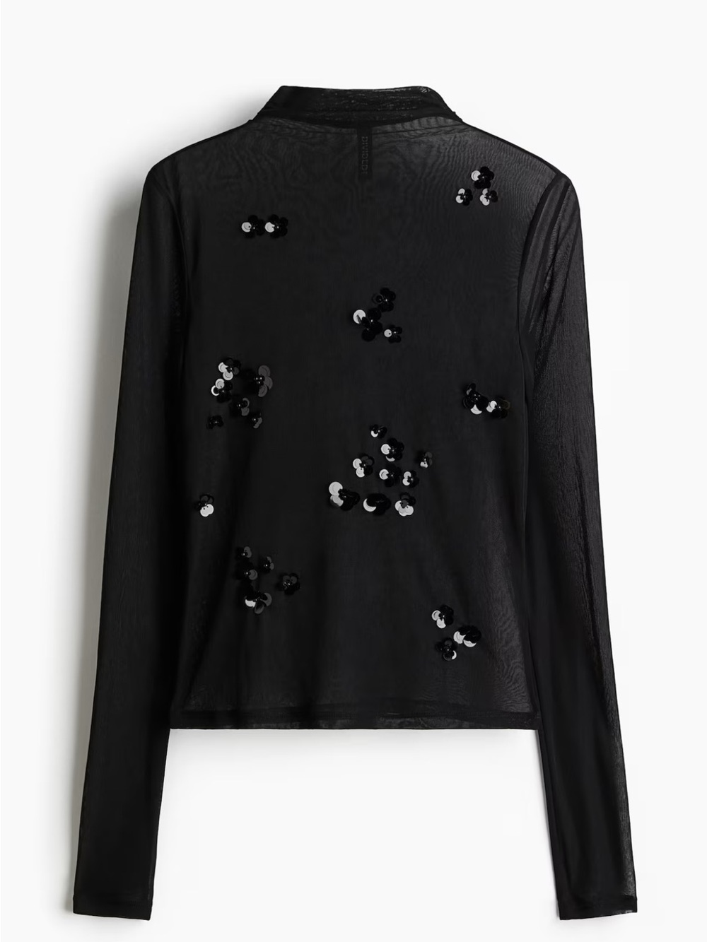 Black Sequin-Embellished Long-Sleeve Mesh Top